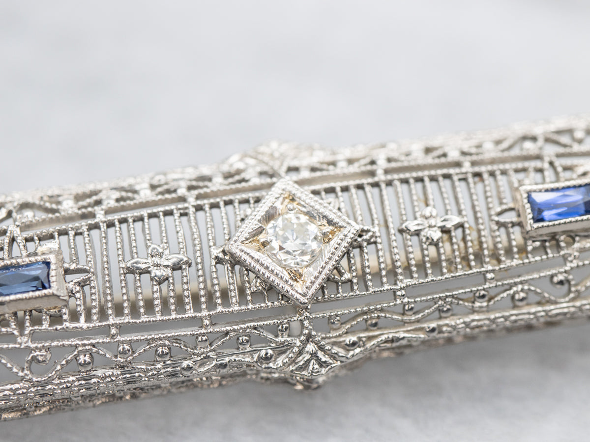 Art Deco European Cut Diamond and Sapphire Brooch