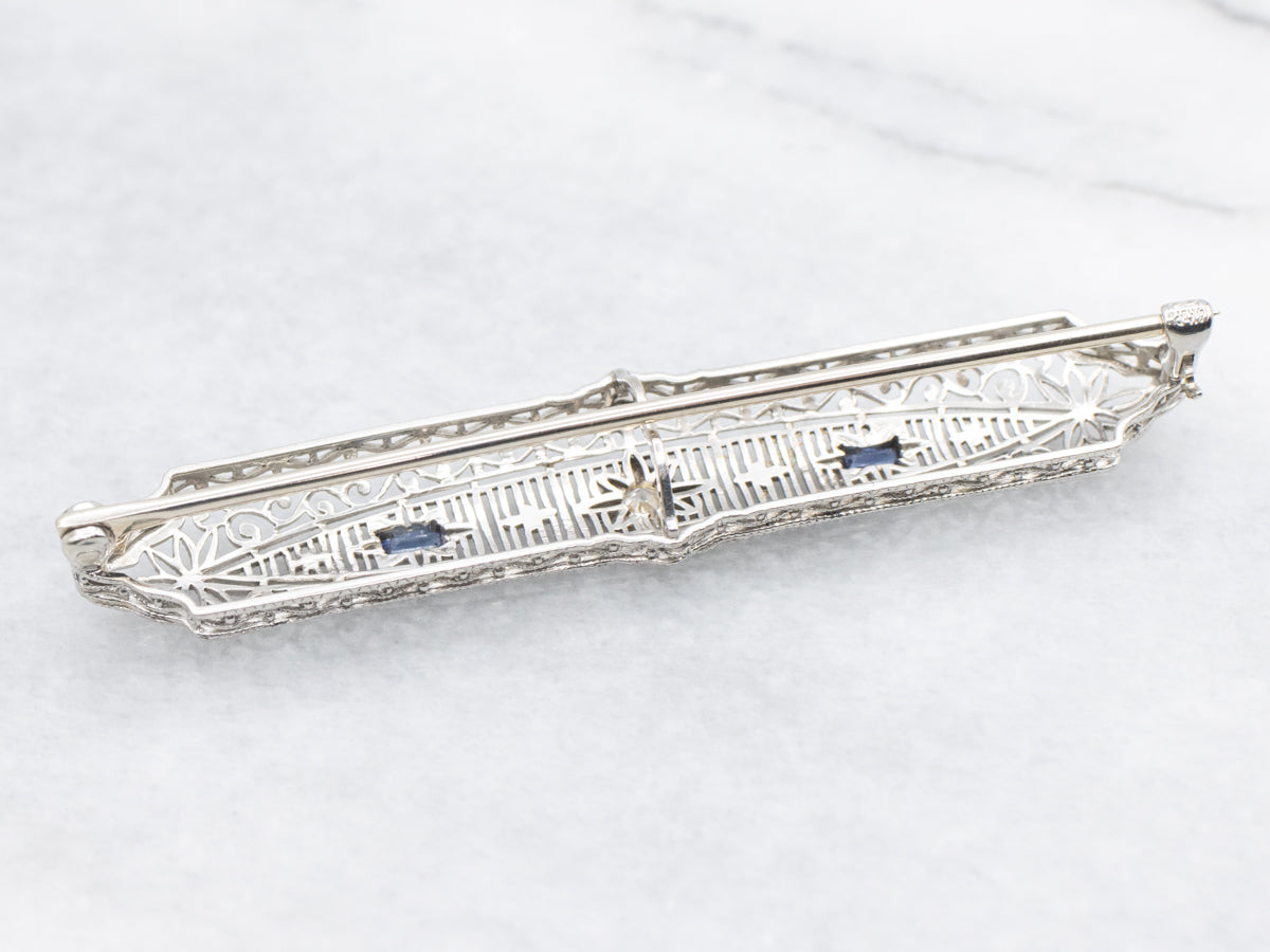 Art Deco European Cut Diamond and Sapphire Brooch