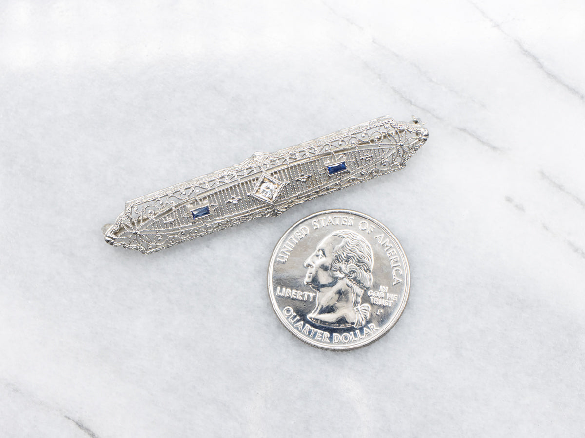 Art Deco European Cut Diamond and Sapphire Brooch