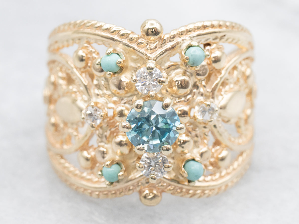 Ornate Blue Zircon Turquoise and Diamond Statement Ring