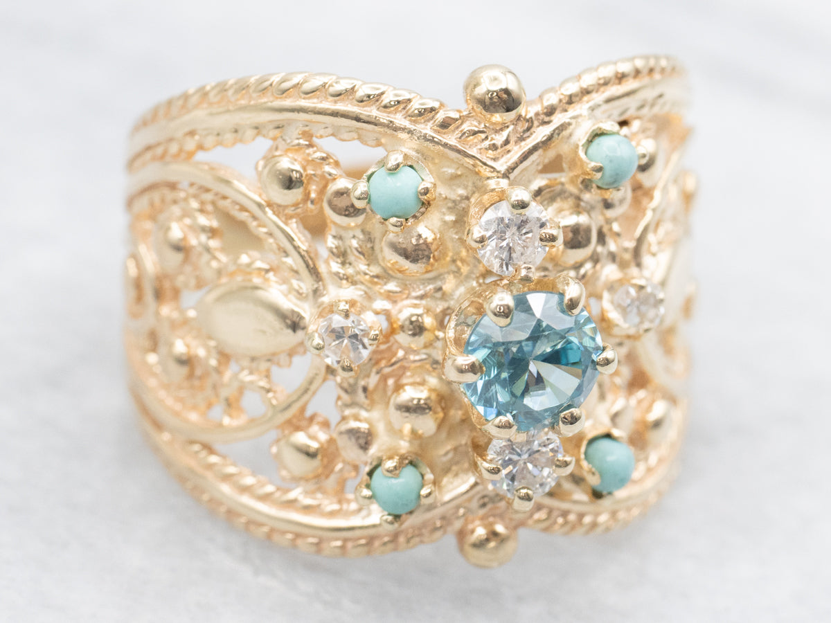 Ornate Blue Zircon Turquoise and Diamond Statement Ring