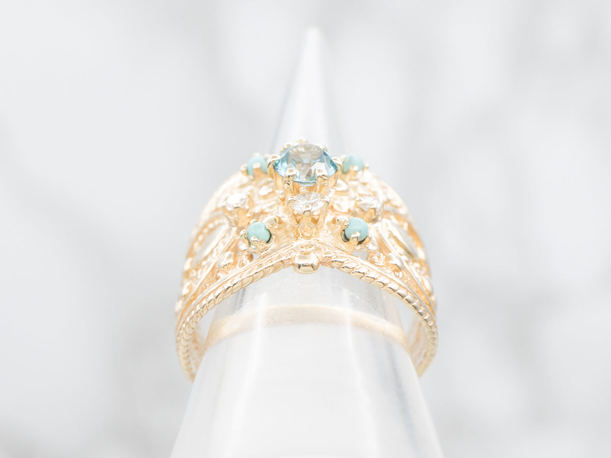 Ornate Blue Zircon Turquoise and Diamond Statement Ring