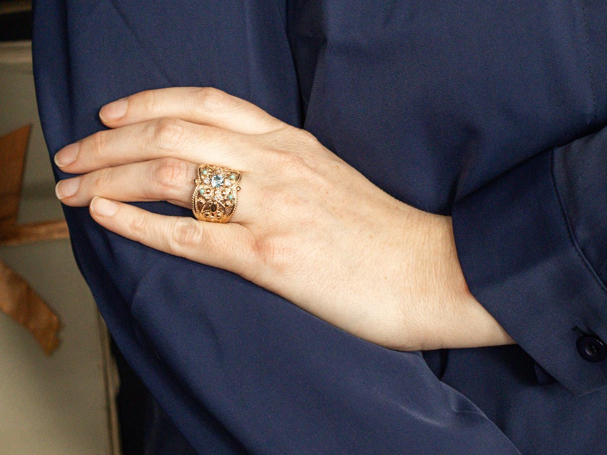 Ornate Blue Zircon Turquoise and Diamond Statement Ring