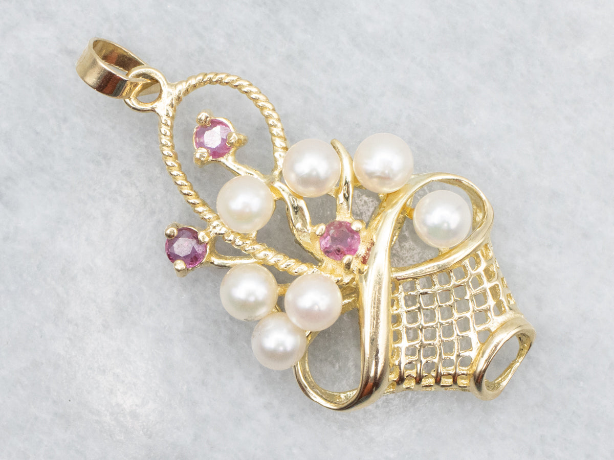 Ruby and Saltwater Pearl Basket Pendant