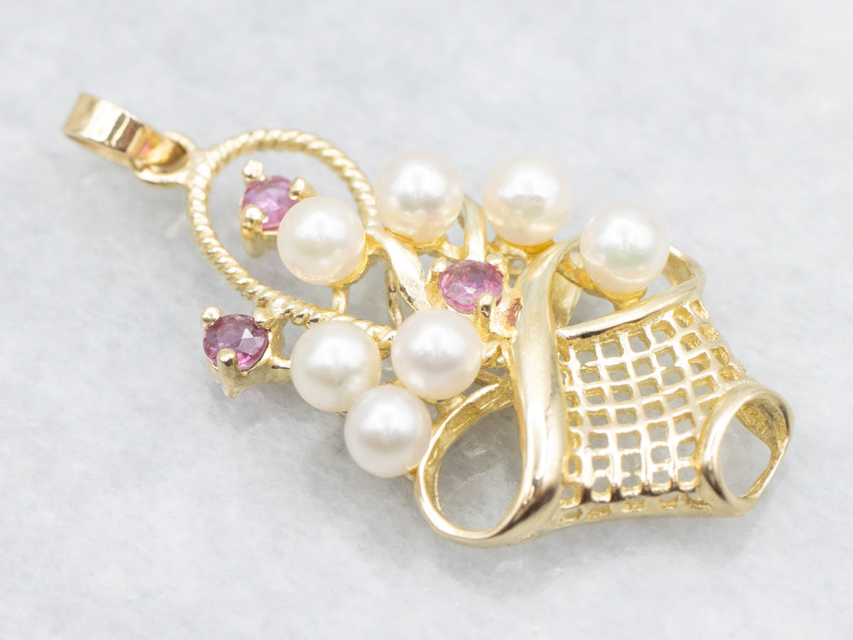 Ruby and Saltwater Pearl Basket Pendant