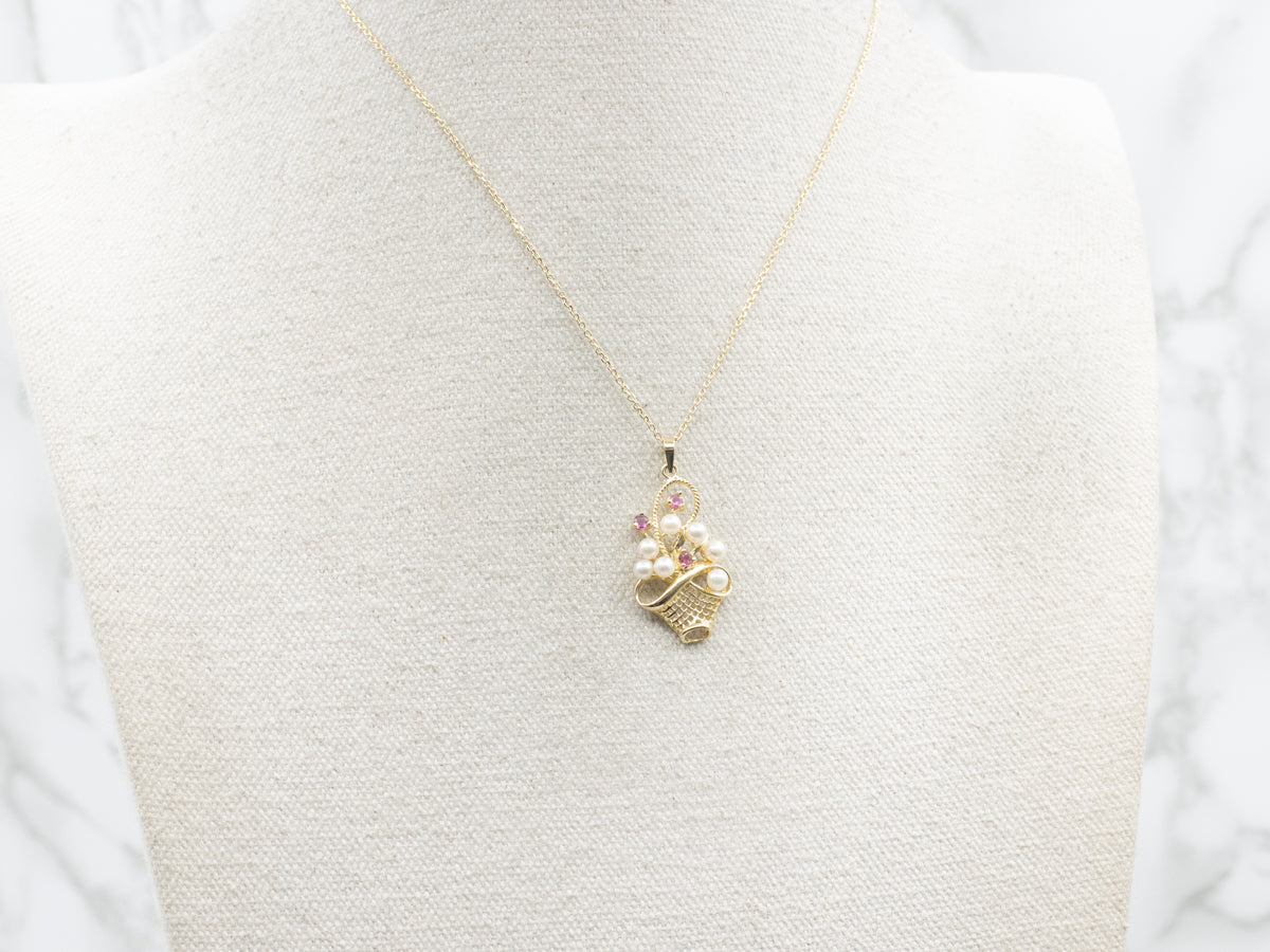 Ruby and Saltwater Pearl Basket Pendant