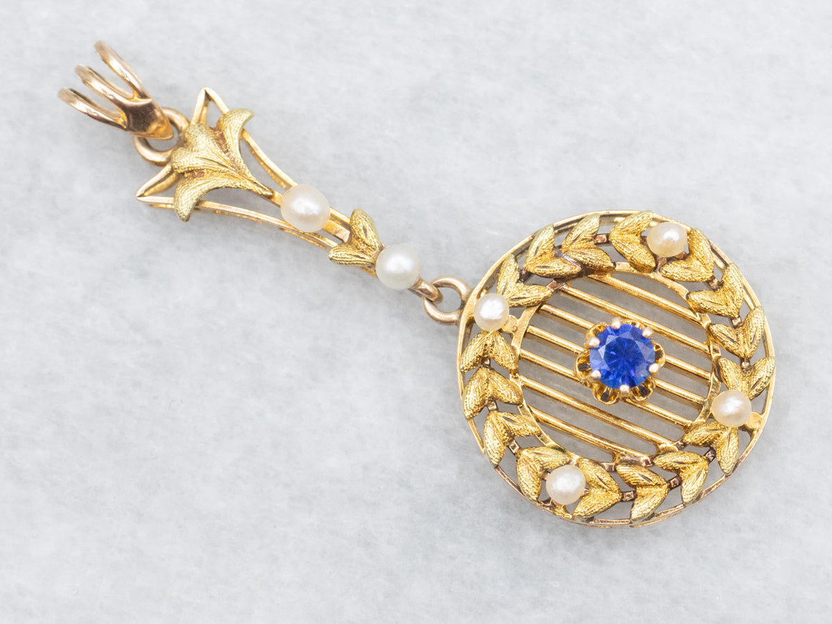 Art Nouveau Era Sapphire and Seed Pearl Pendant