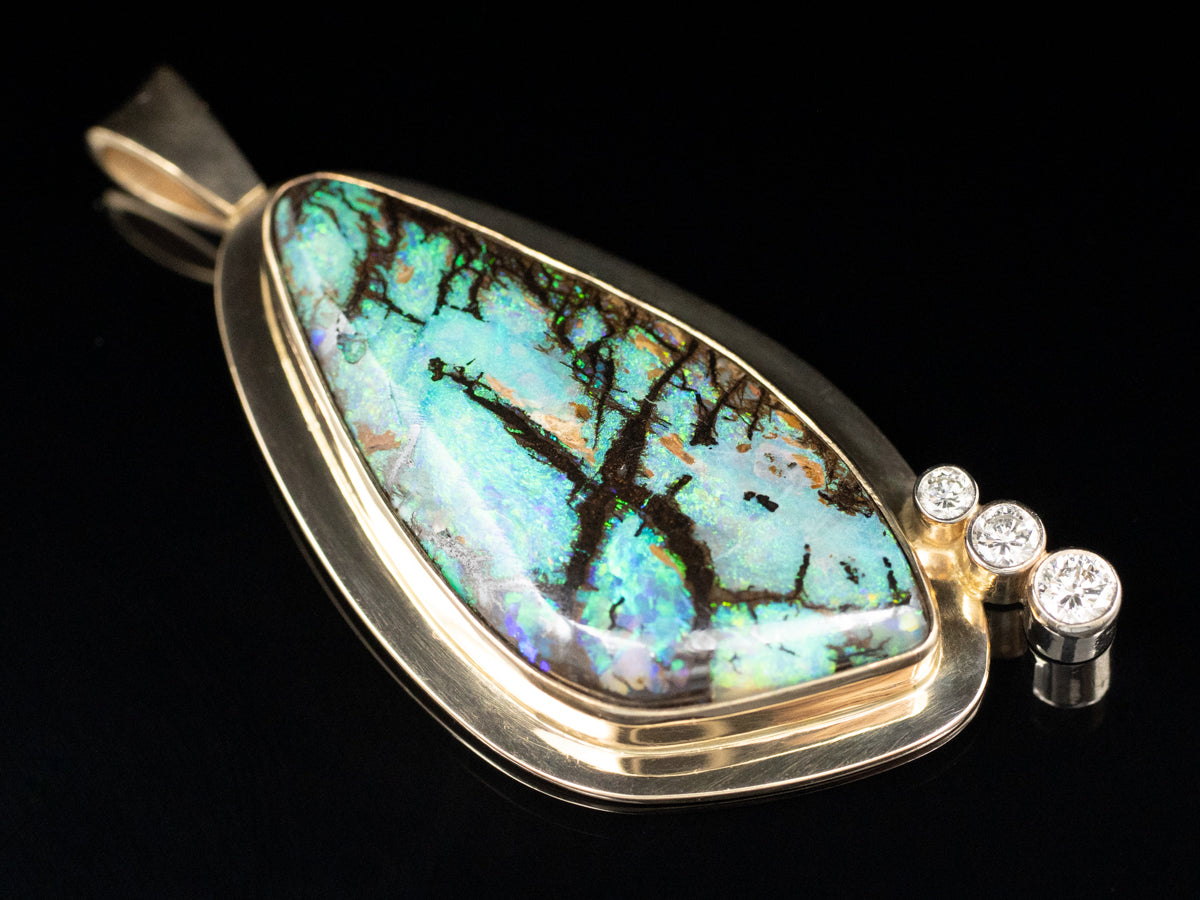 Bold Boulder Opal Diamond and Gold Pendant
