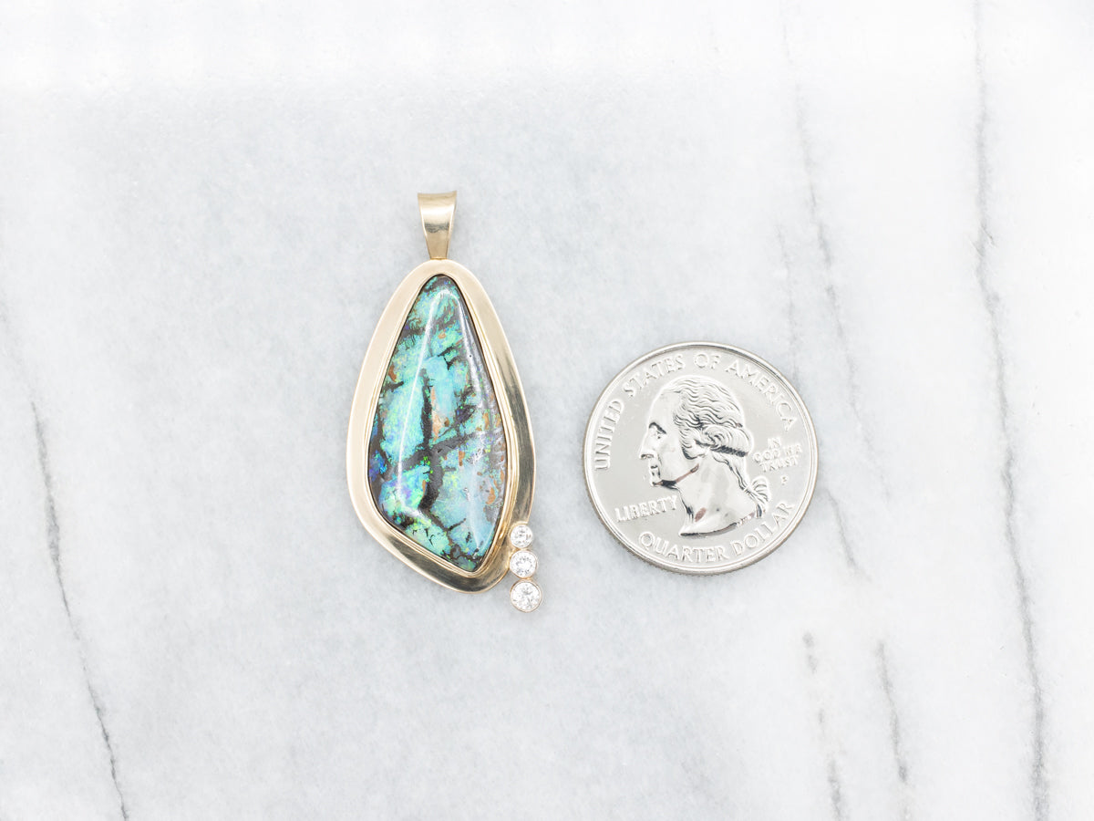 Bold Boulder Opal Diamond and Gold Pendant