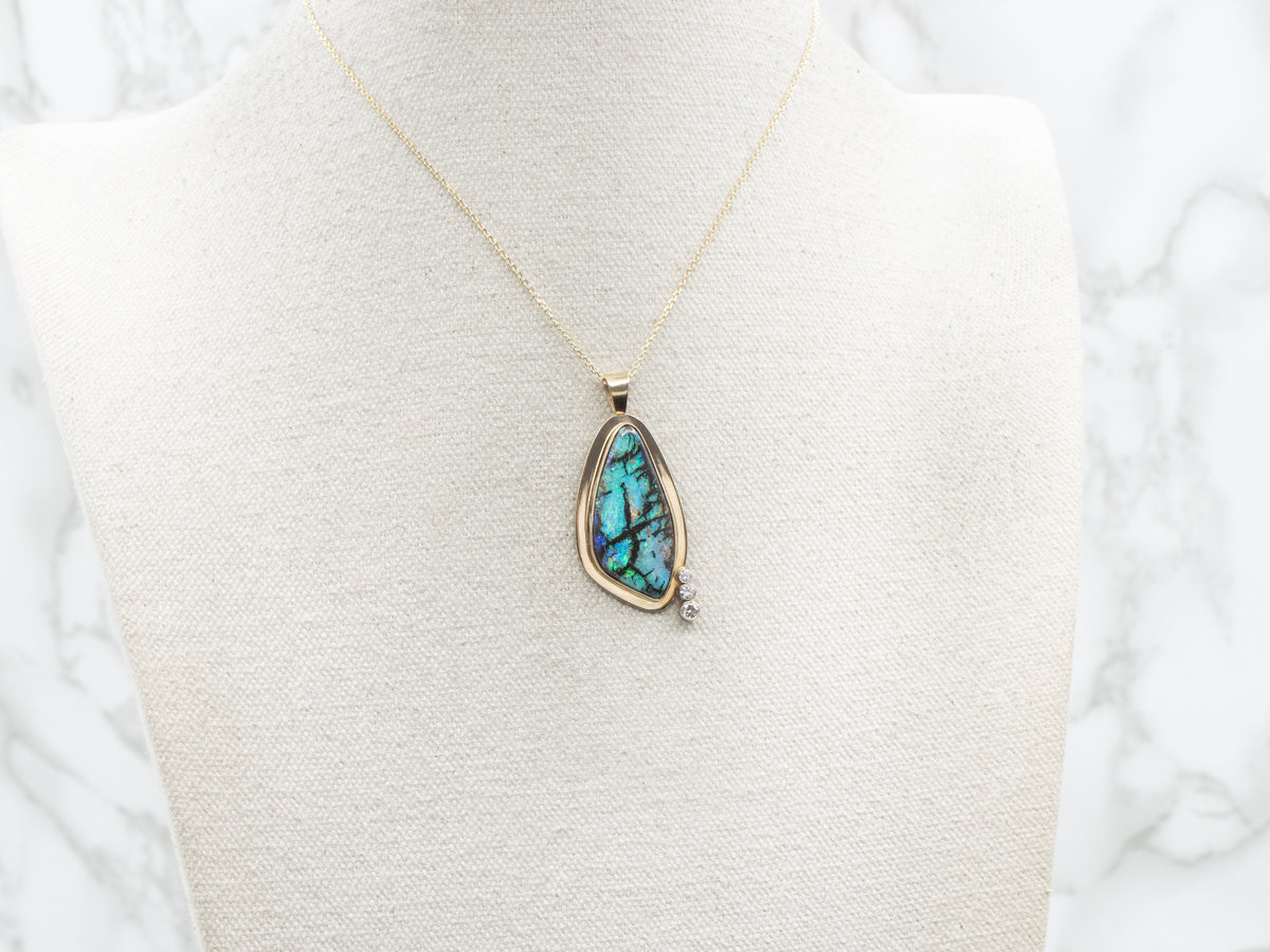 Bold Boulder Opal Diamond and Gold Pendant