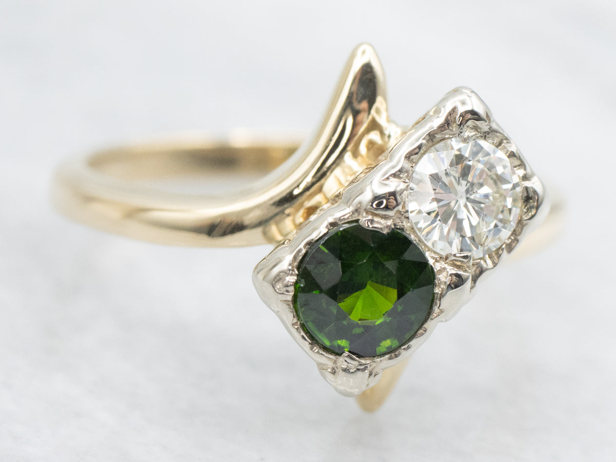 Vintage Demantoid Garnet and Diamond Bypass Ring