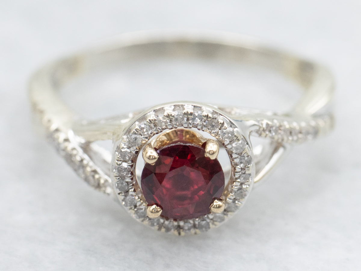 Modern Ruby and Diamond Halo Twisted Shank Ring