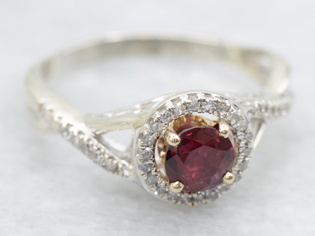 Modern Ruby and Diamond Halo Twisted Shank Ring