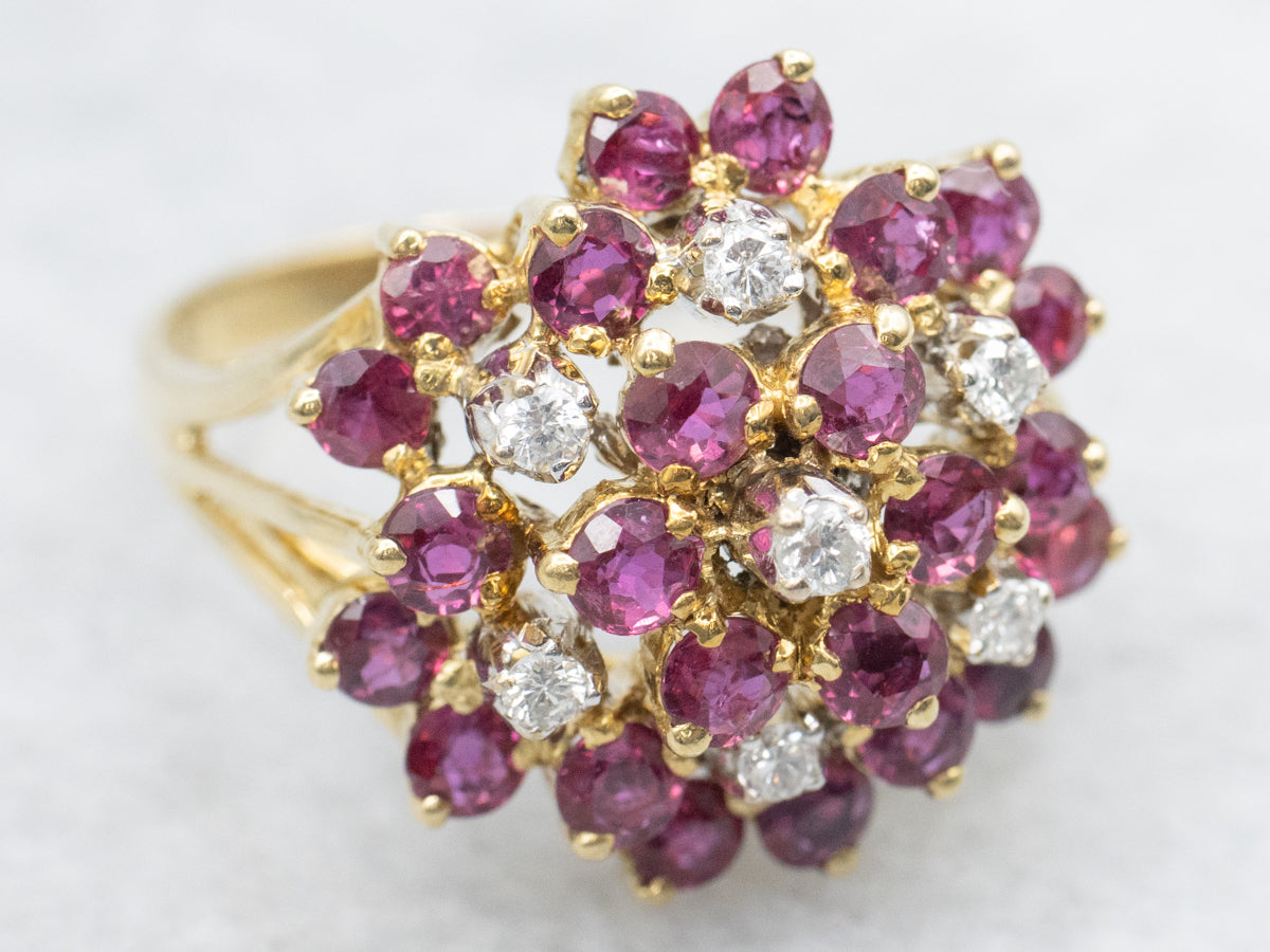 Vintage Gold Ruby and Diamond Cluster Ring