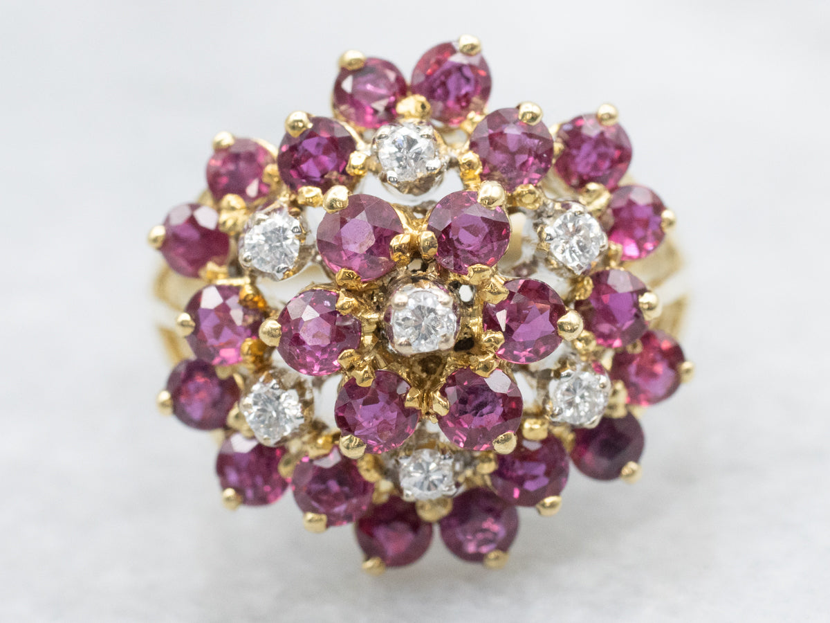 Vintage Gold Ruby and Diamond Cluster Ring