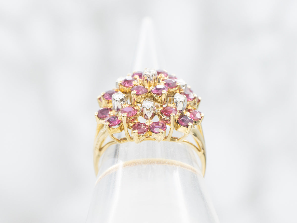 Vintage Gold Ruby and Diamond Cluster Ring