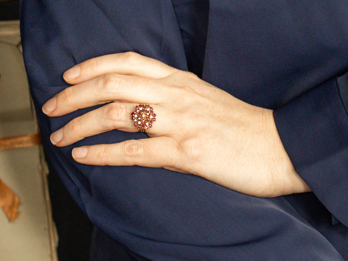 Vintage Gold Ruby and Diamond Cluster Ring