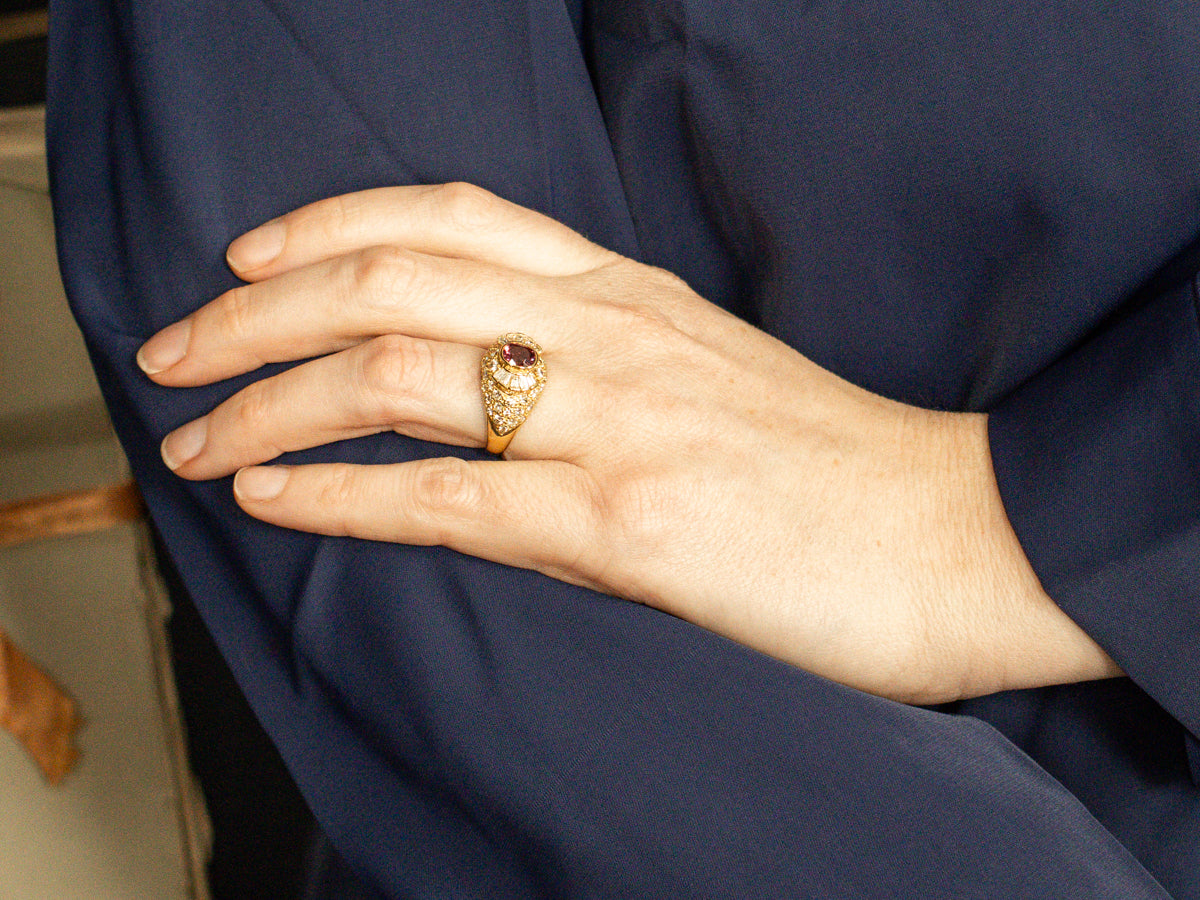 Polished 18-Karat Gold Ruby and Diamond Halo Ring