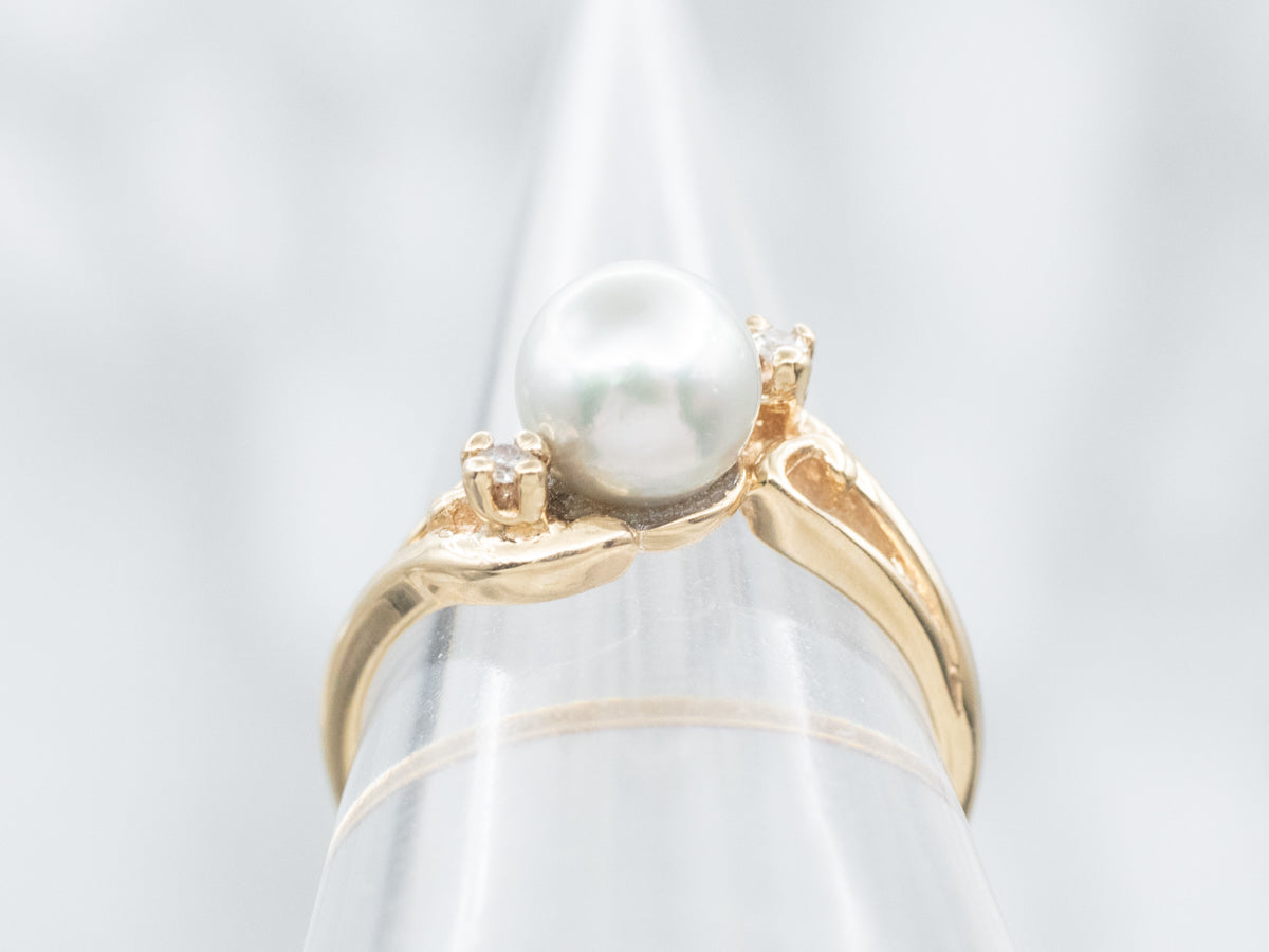 Gold Pearl and Diamond Bypass Ring