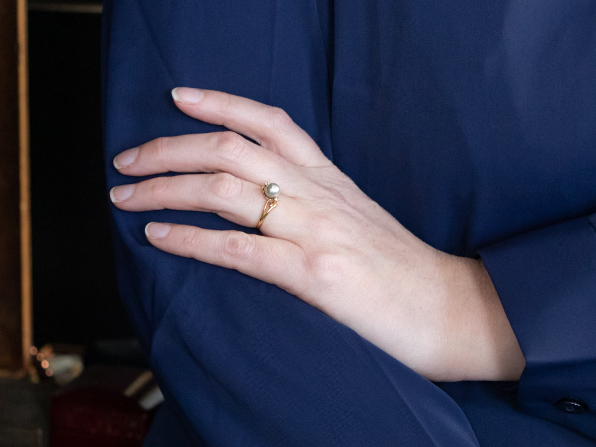 Gold Pearl and Diamond Bypass Ring