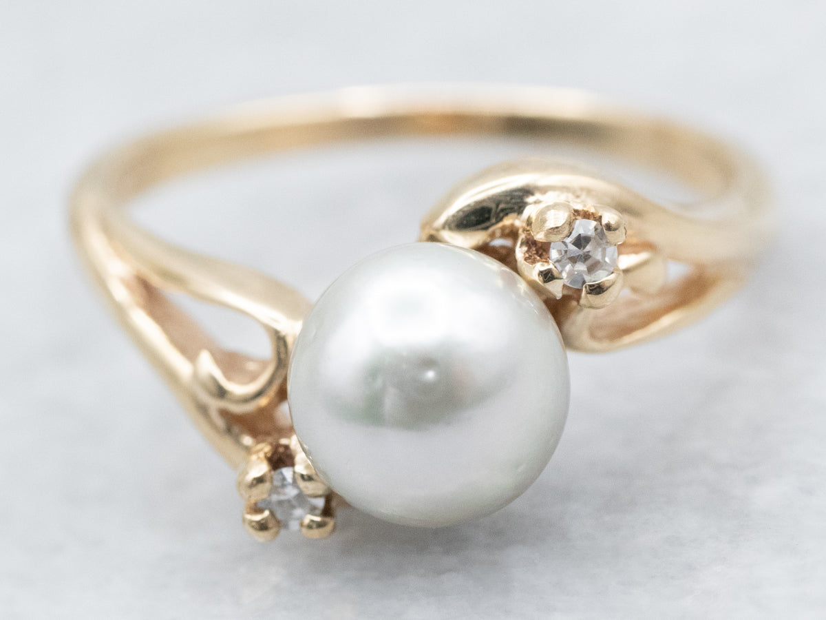 Gold Pearl and Diamond Bypass Ring