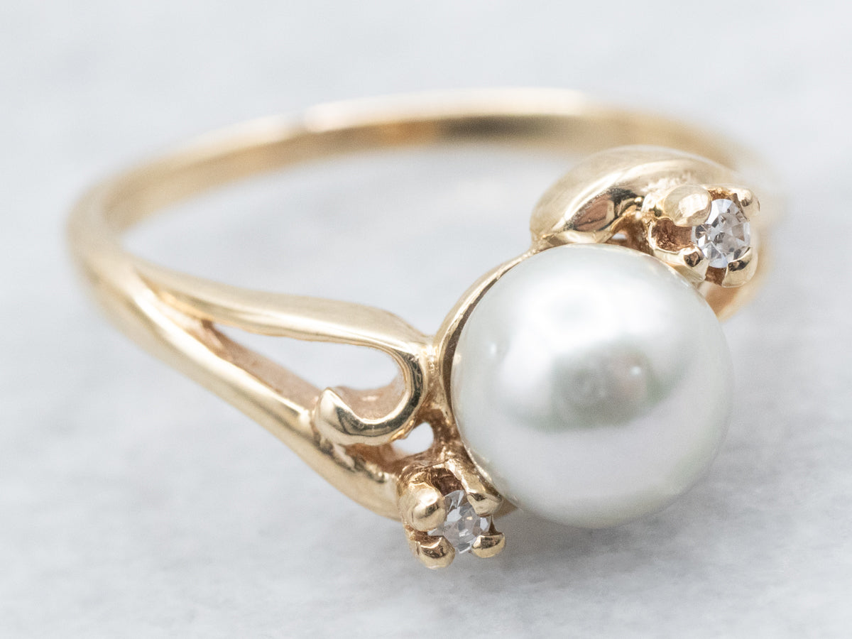 Gold Pearl and Diamond Bypass Ring