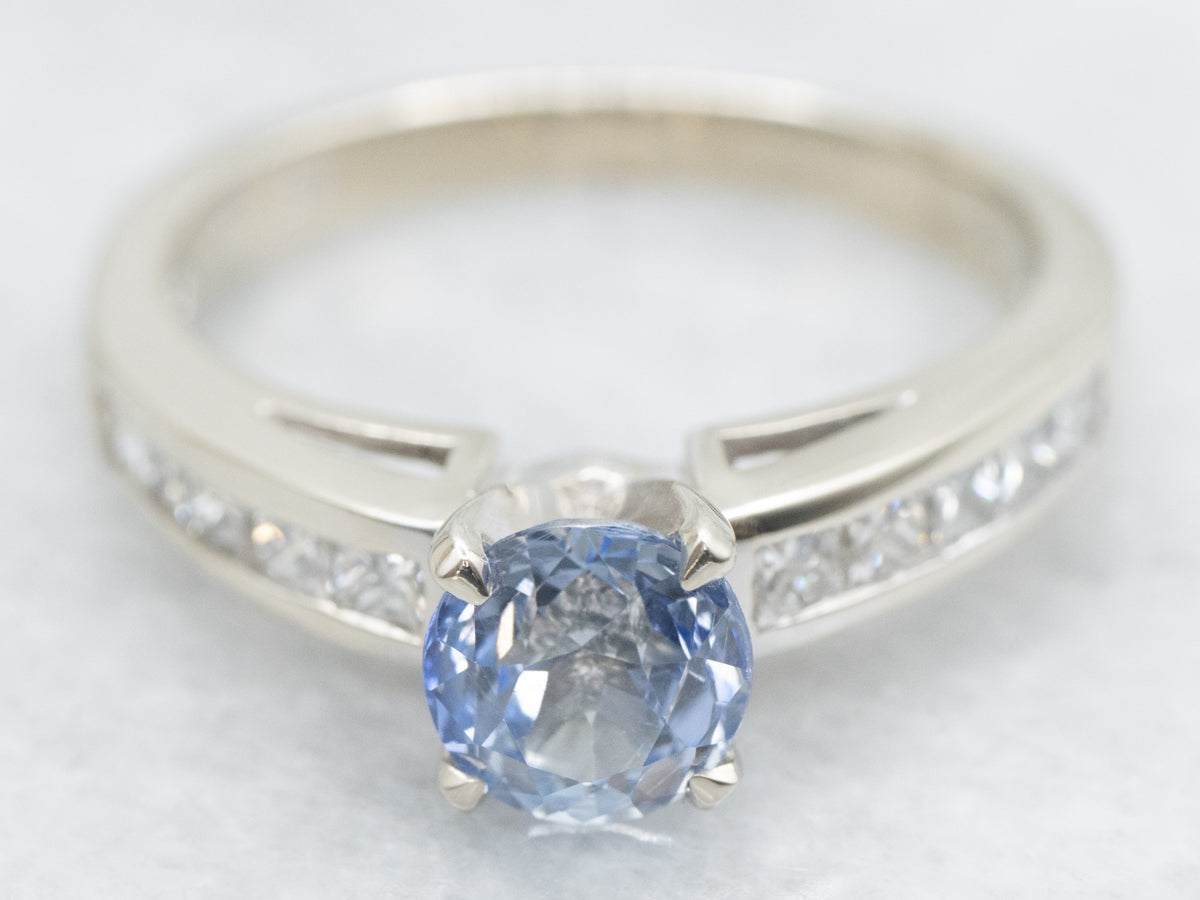 Lightly Hued Sapphire and Princess Cut Diamond Engagement Ring