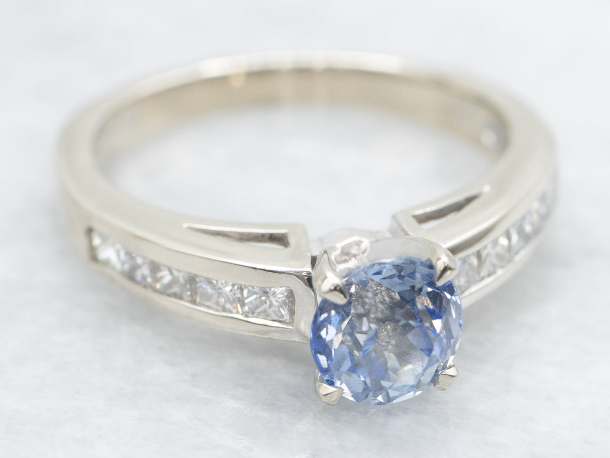 Lightly Hued Sapphire and Princess Cut Diamond Engagement Ring