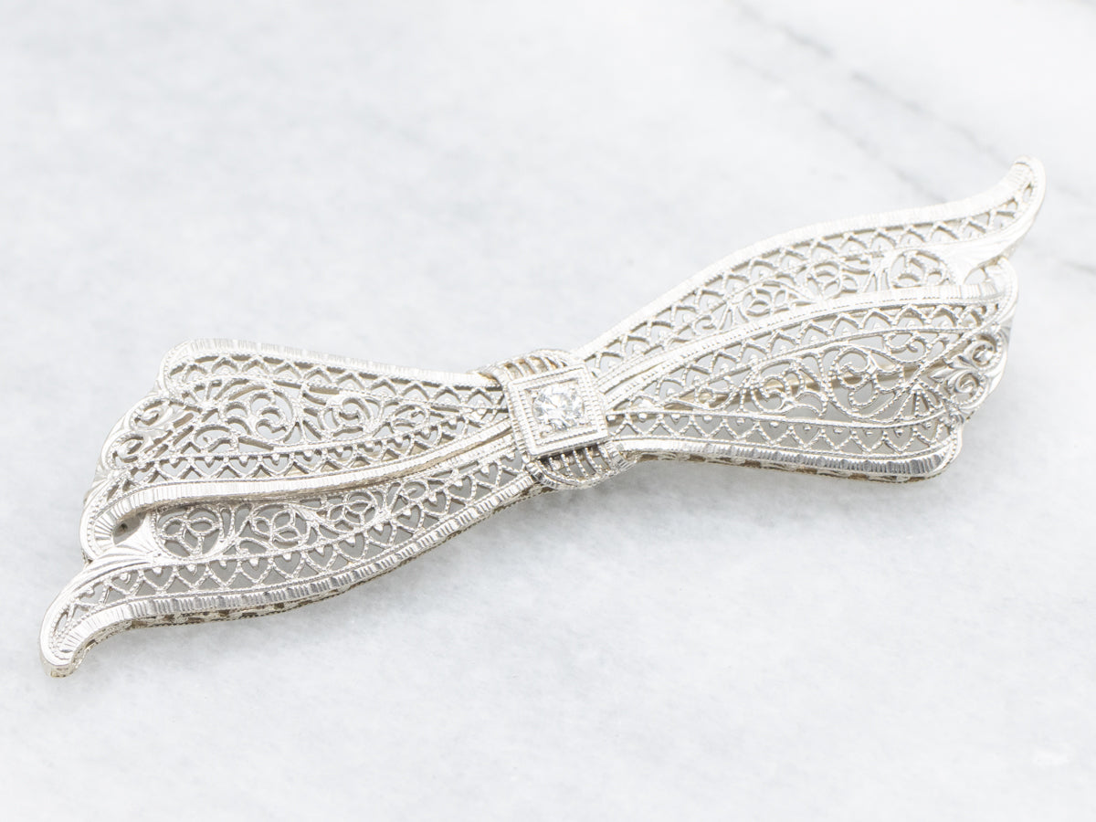 Art Deco Old European Cut Diamond Filigree Bow Brooch