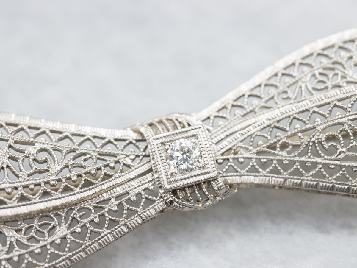 Art Deco Old European Cut Diamond Filigree Bow Brooch