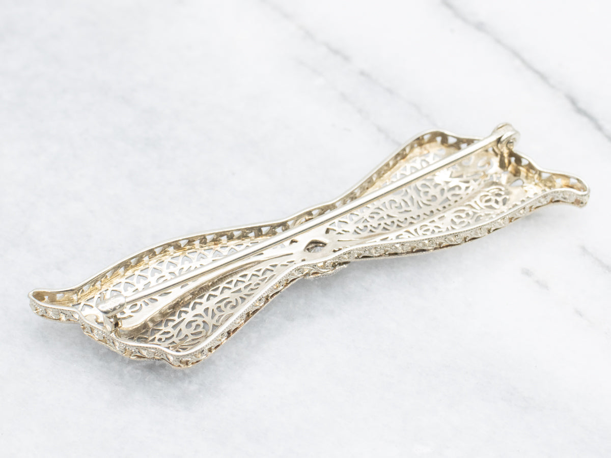 Art Deco Old European Cut Diamond Filigree Bow Brooch