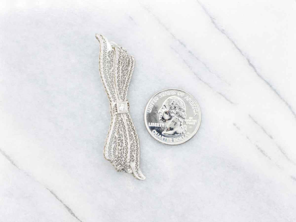 Art Deco Old European Cut Diamond Filigree Bow Brooch