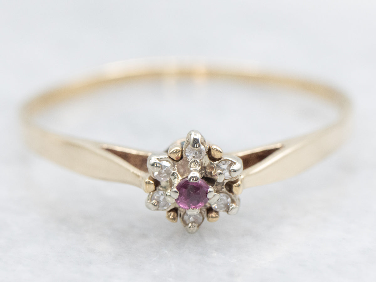 Sweet Floral Ruby Doublet and Diamond Halo Ring