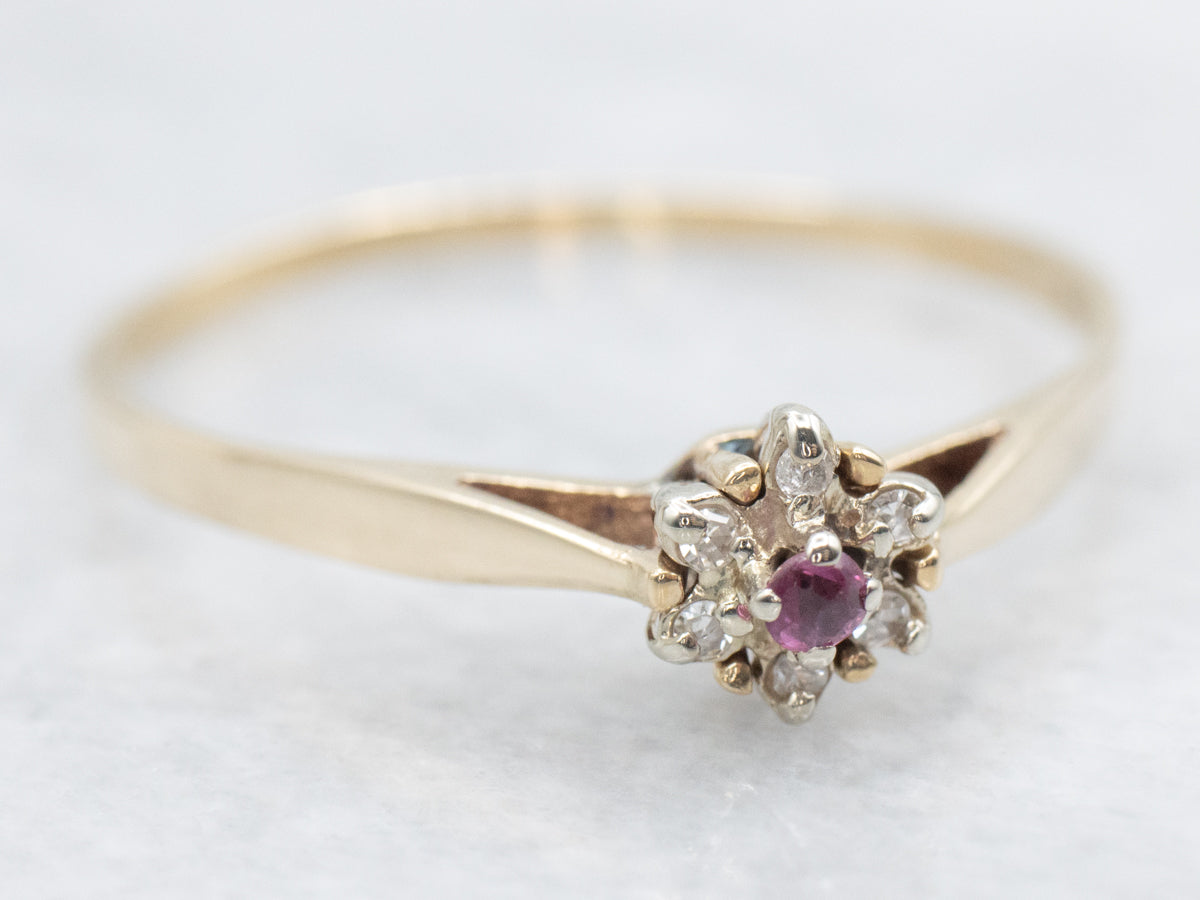 Sweet Floral Ruby Doublet and Diamond Halo Ring