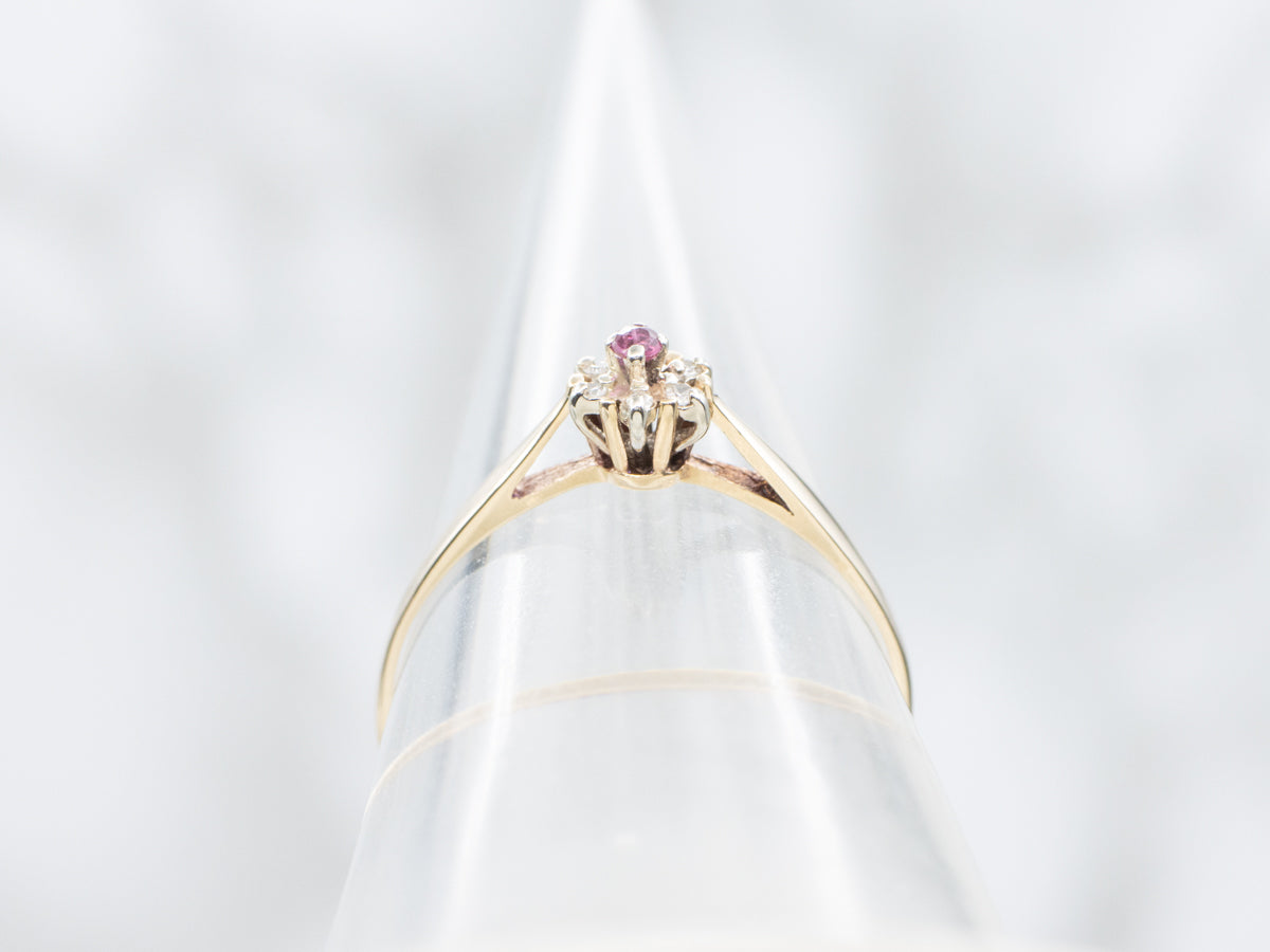Sweet Floral Ruby Doublet and Diamond Halo Ring