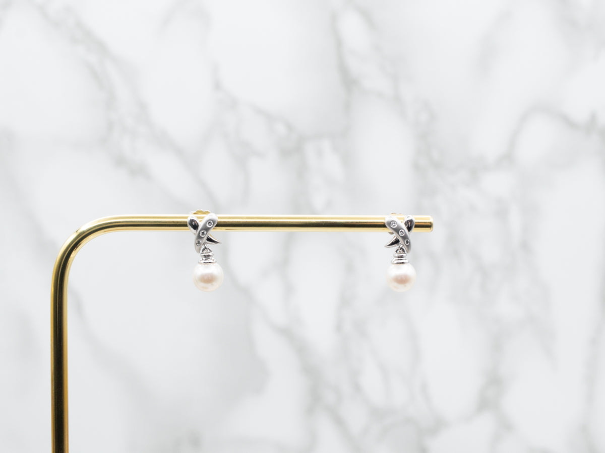 Saltwater Pearl and Diamond X Drop Earrings