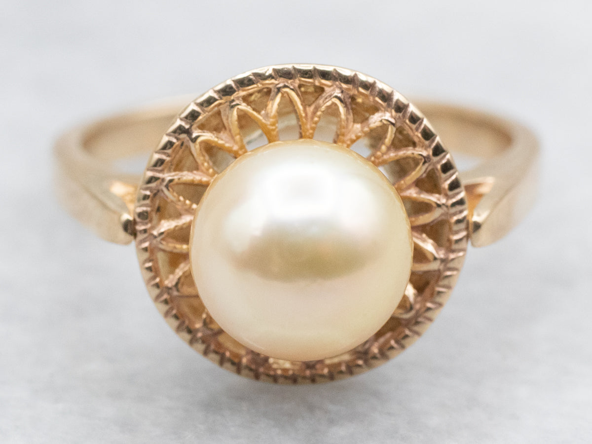 Champagne Pearl Solitaire Ring with Floral Filigree Halo