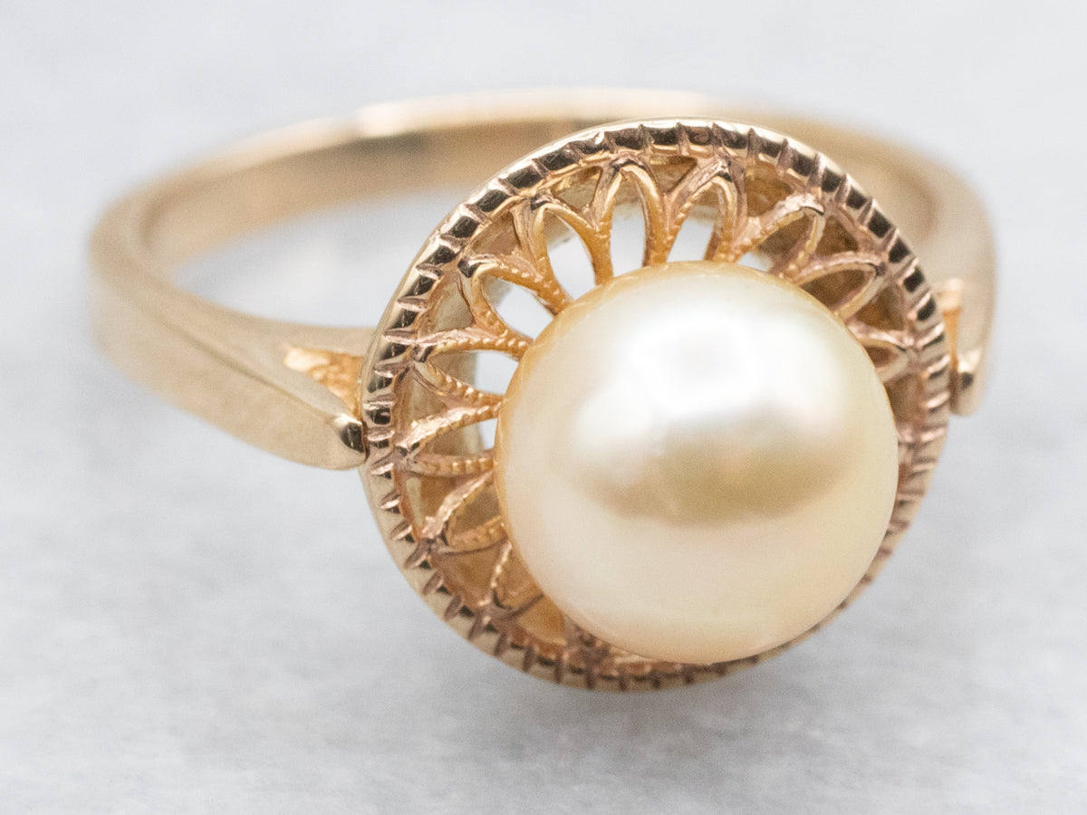 Champagne Pearl Solitaire Ring with Floral Filigree Halo