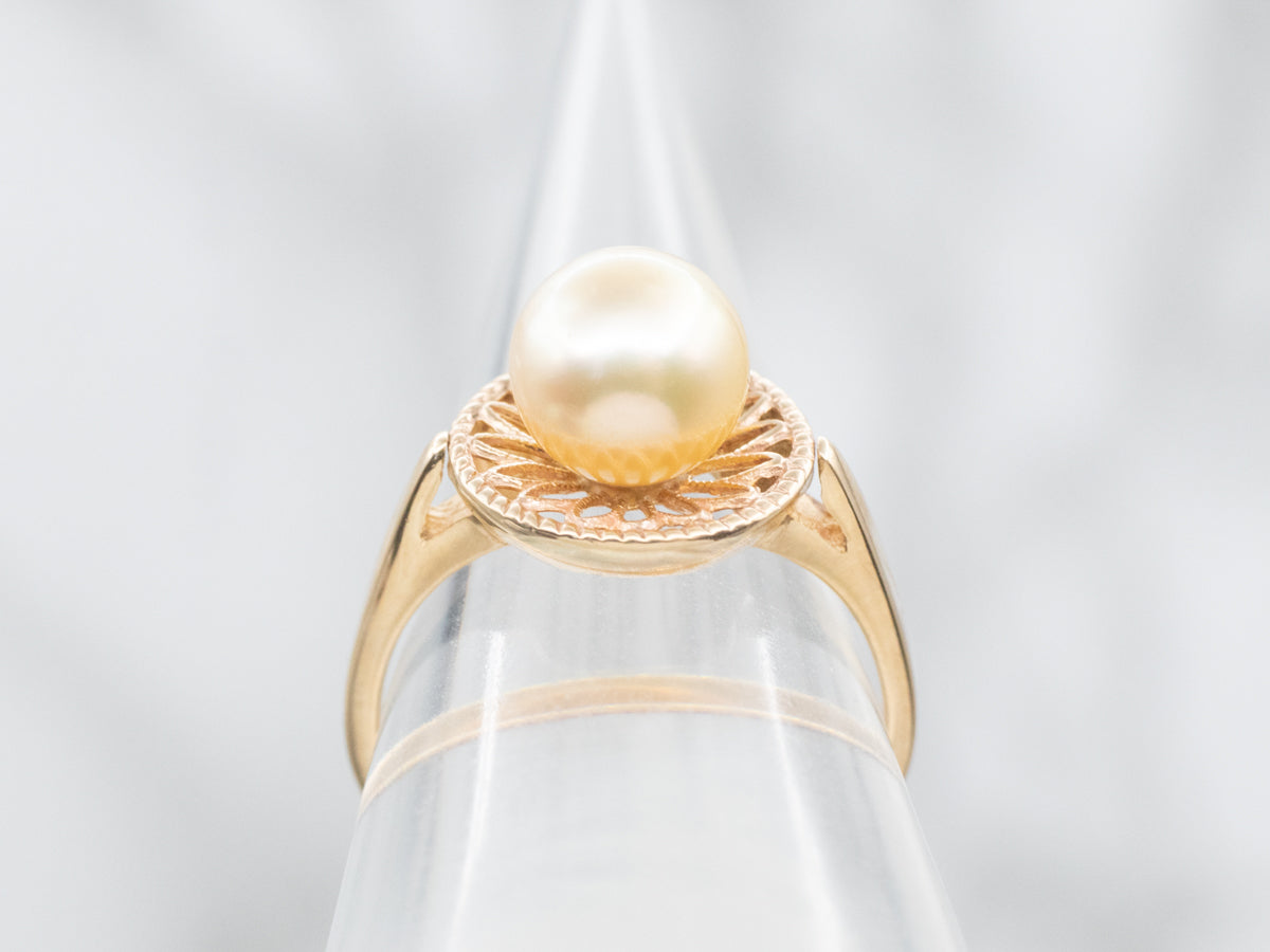 Champagne Pearl Solitaire Ring with Floral Filigree Halo