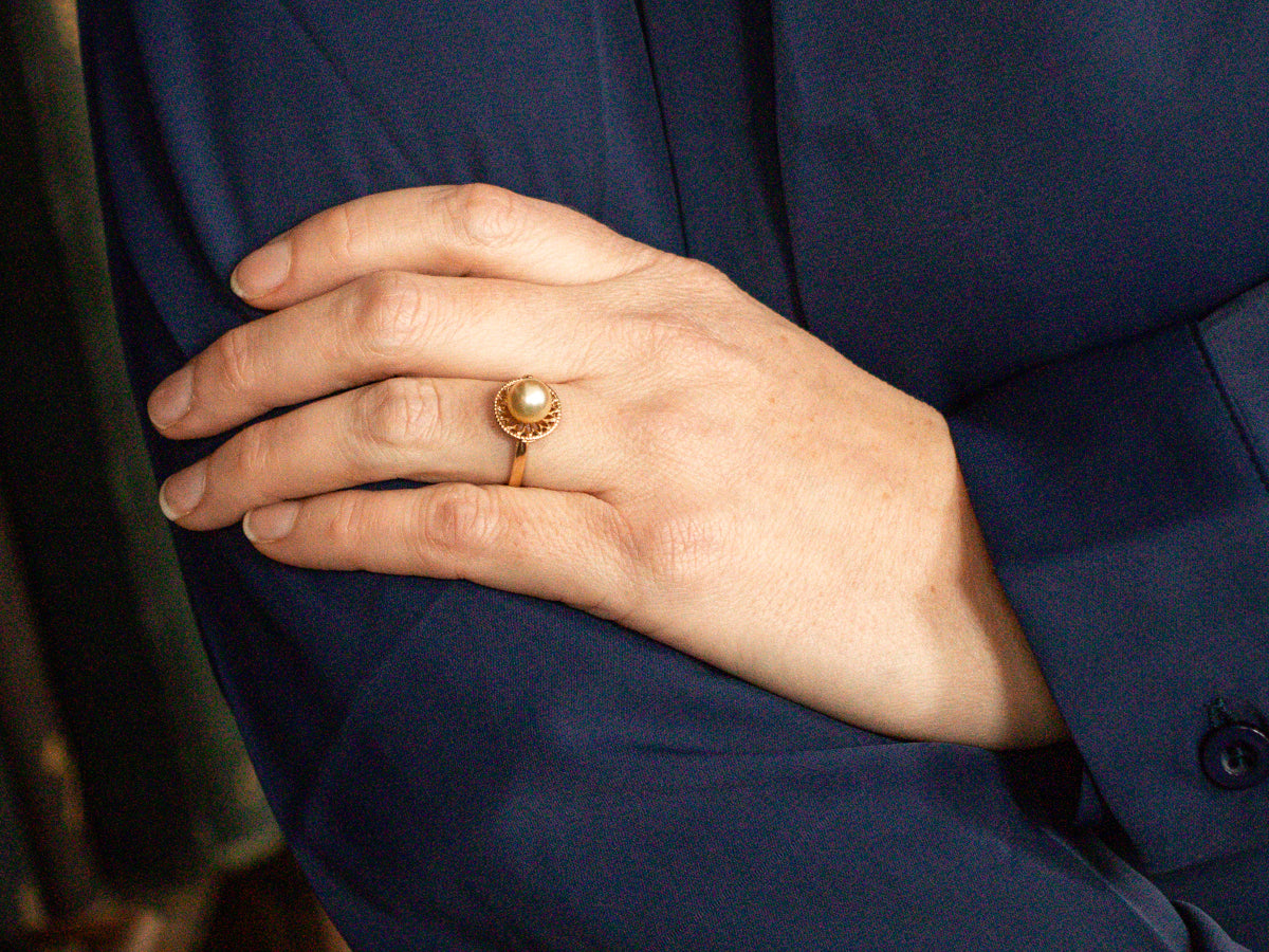 Champagne Pearl Solitaire Ring with Floral Filigree Halo