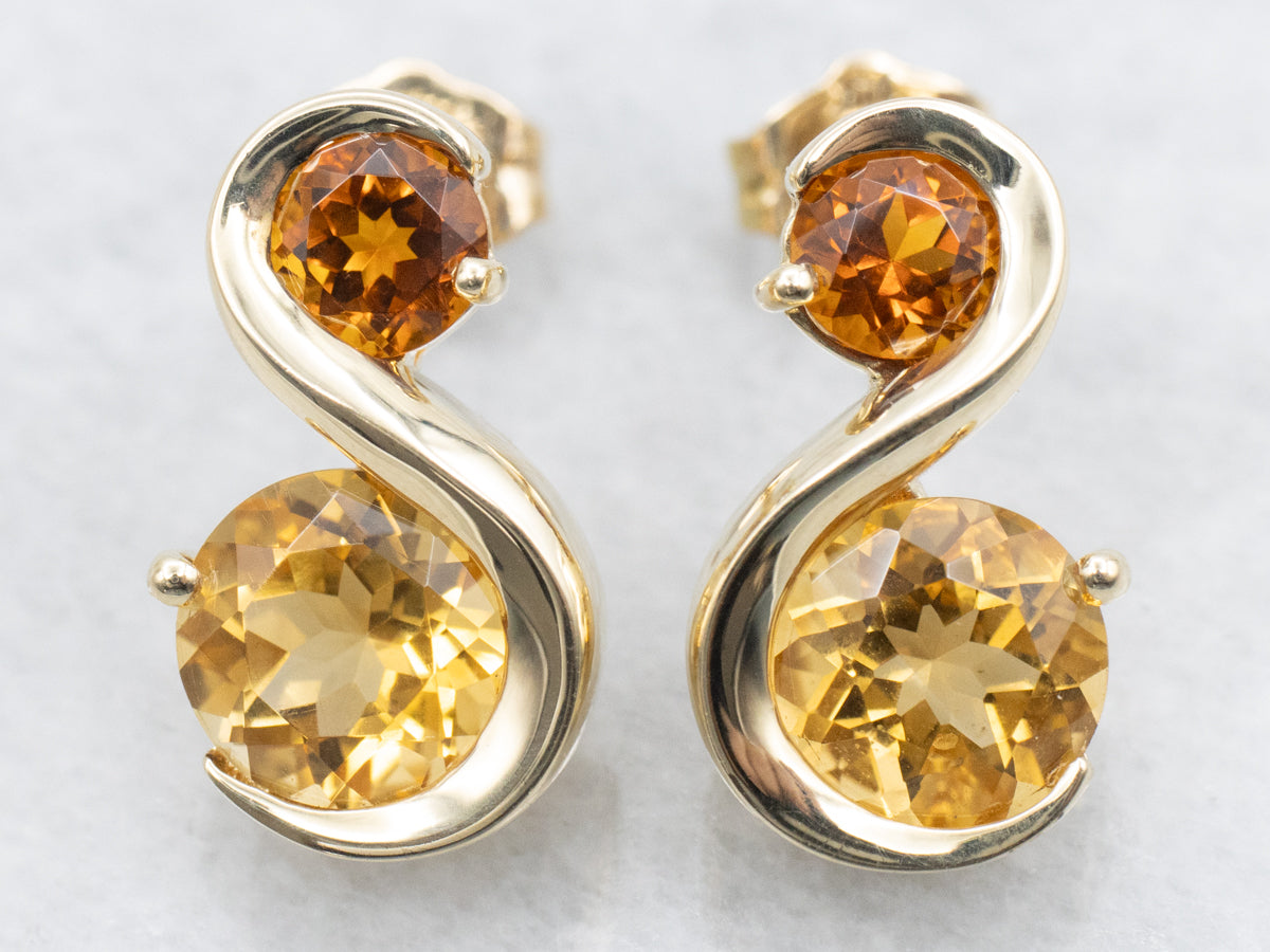 Yellow and Orange Citrine S Shaped Stud Earrings