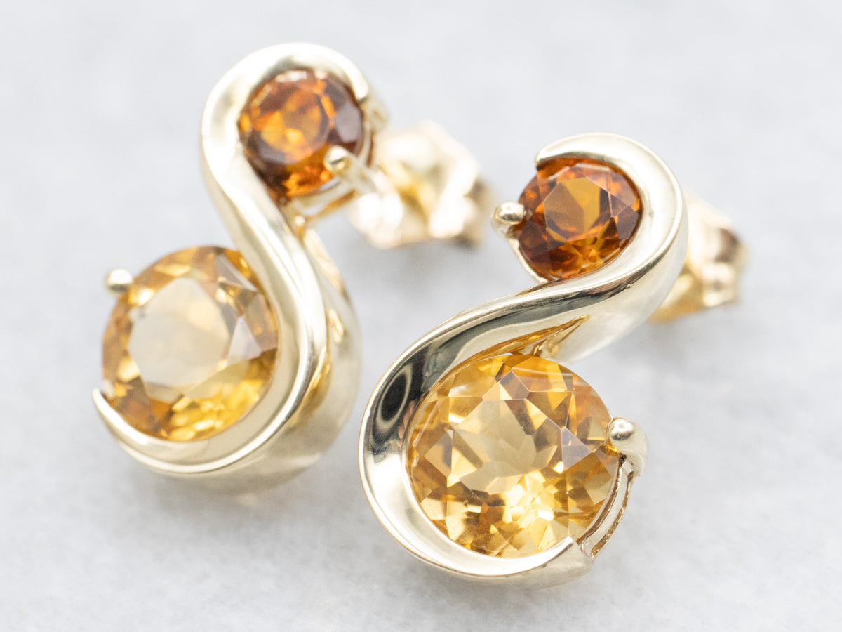 Yellow and Orange Citrine S Shaped Stud Earrings