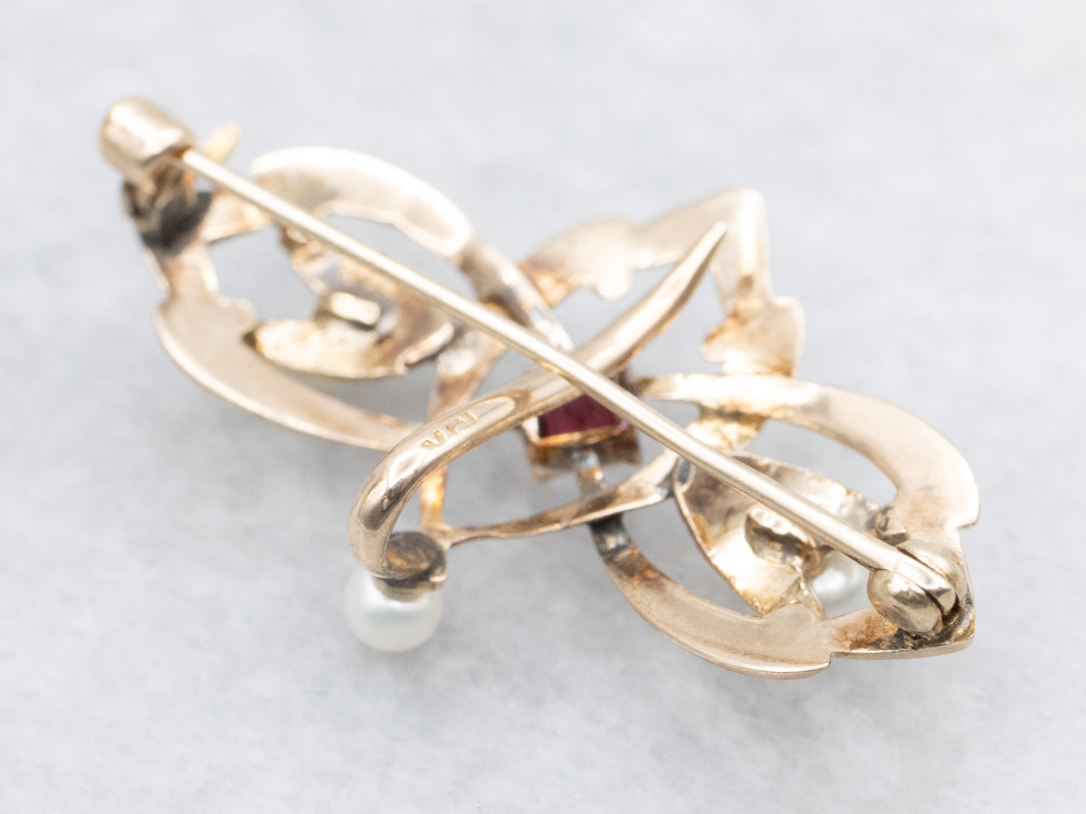 Vintage Garnet and Pearl Brooch