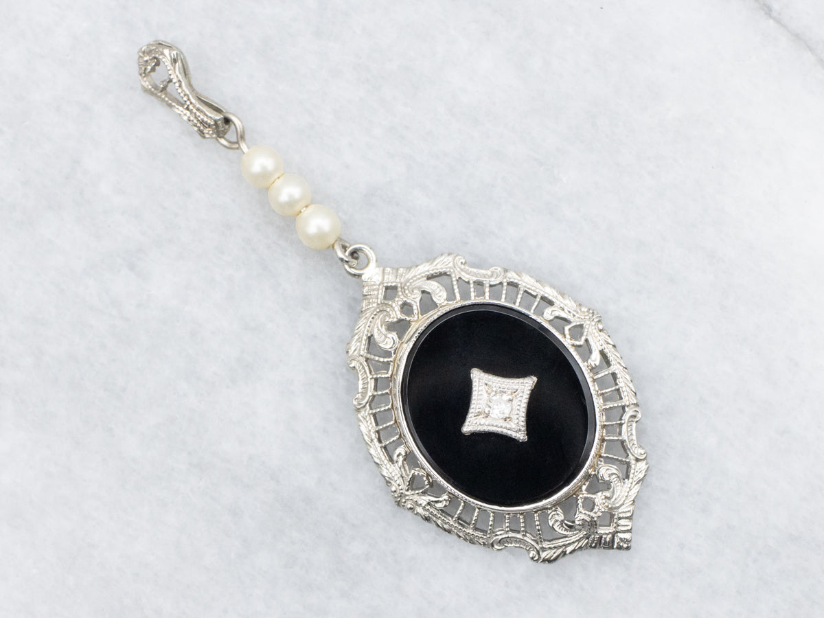 Art Deco Diamond, Pearl, and Black Onyx Pendant