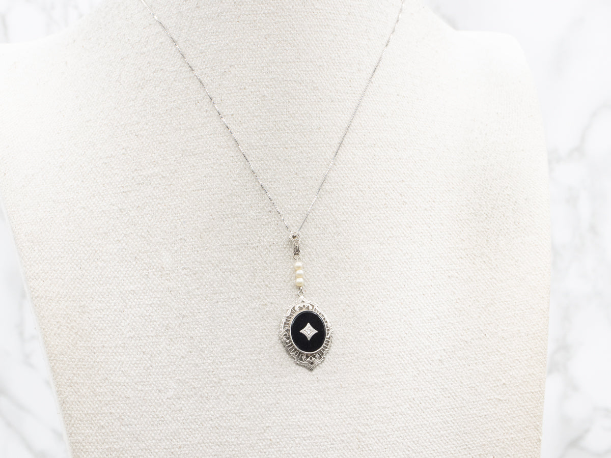 Art Deco Diamond, Pearl, and Black Onyx Pendant