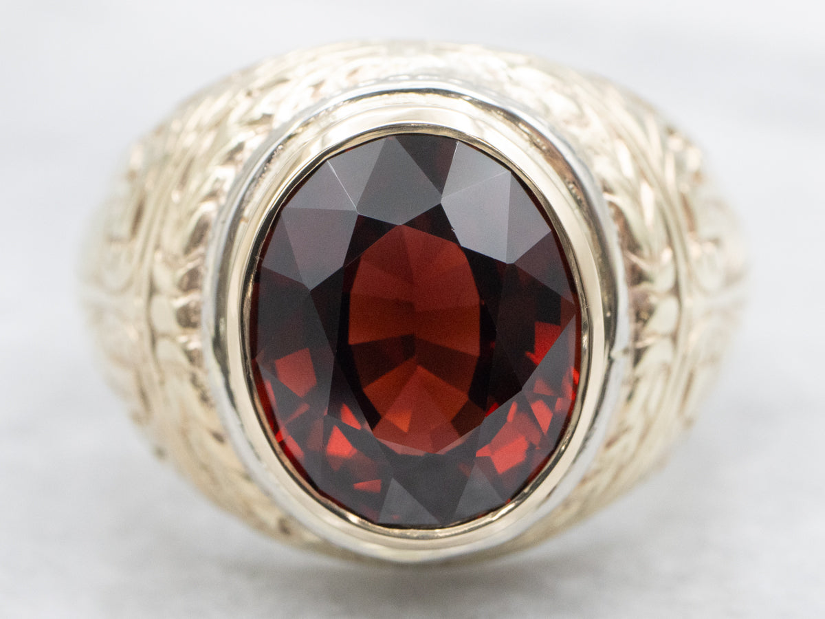 Men's Etched Gold and Garnet Statement Ring