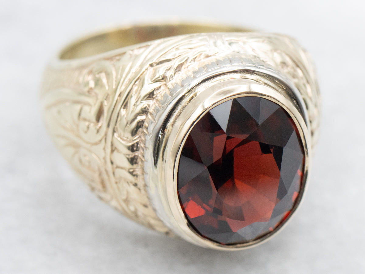 Men's Etched Gold and Garnet Statement Ring