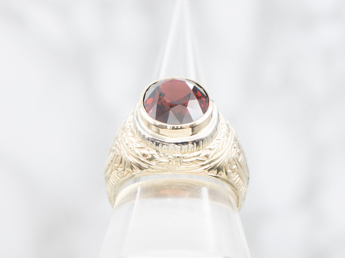 Men's Etched Gold and Garnet Statement Ring