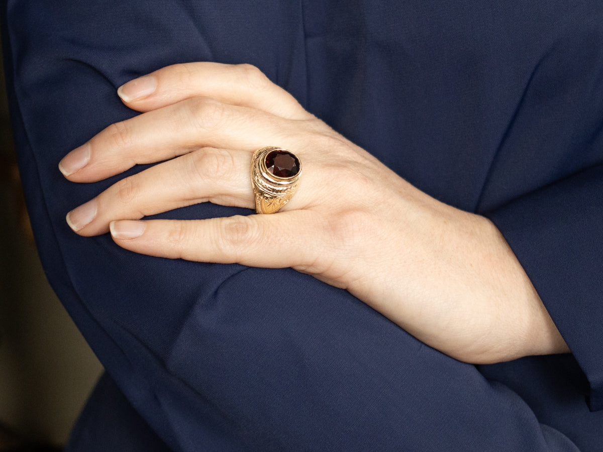 Men's Etched Gold and Garnet Statement Ring