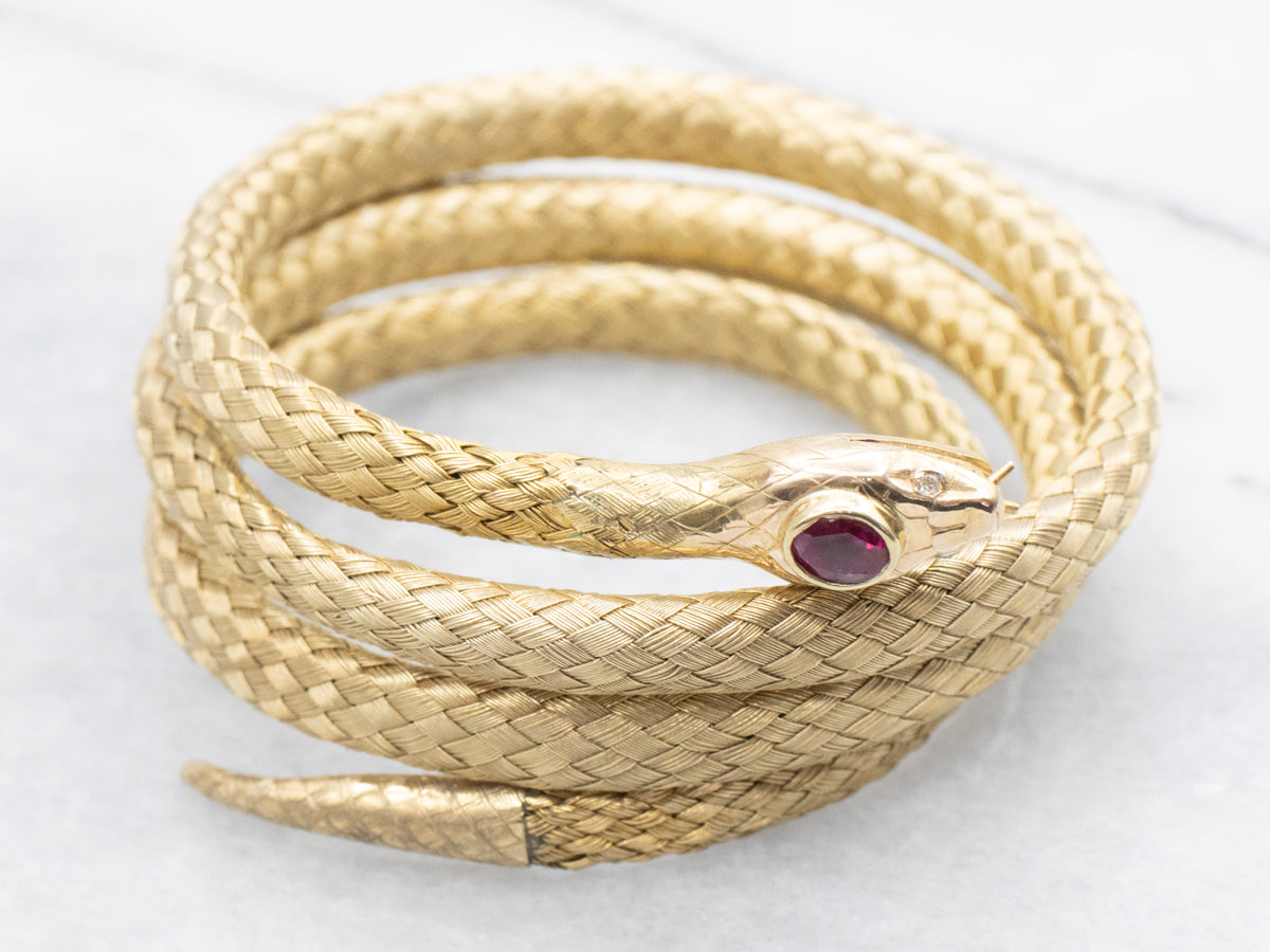 Gold Ruby and Diamond Cobra Snake Wrap Bracelet